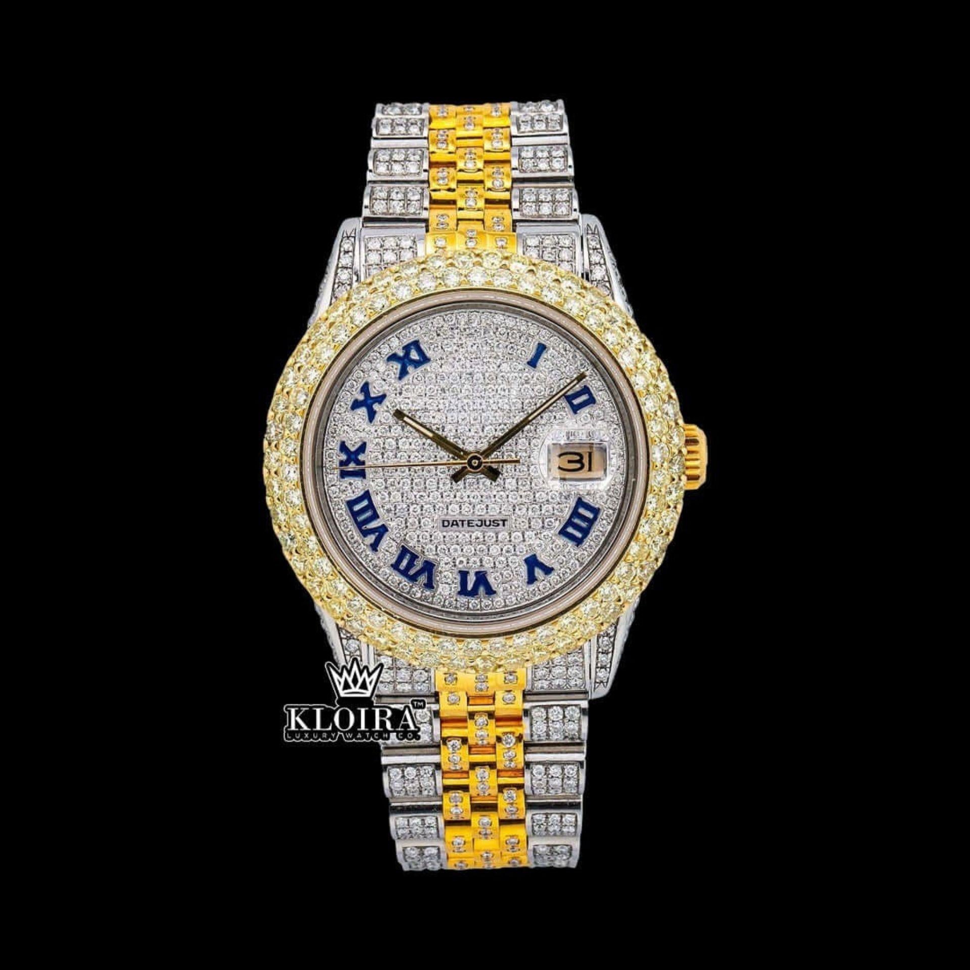 Two Tone Iced Out Dial Blue Roman Numerals Moissanite Diamond Watch Front View