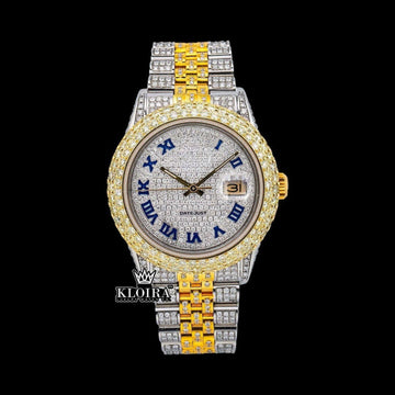 Two Tone Iced Out Dial Blue Roman Numerals Moissanite Diamond Watch Front View