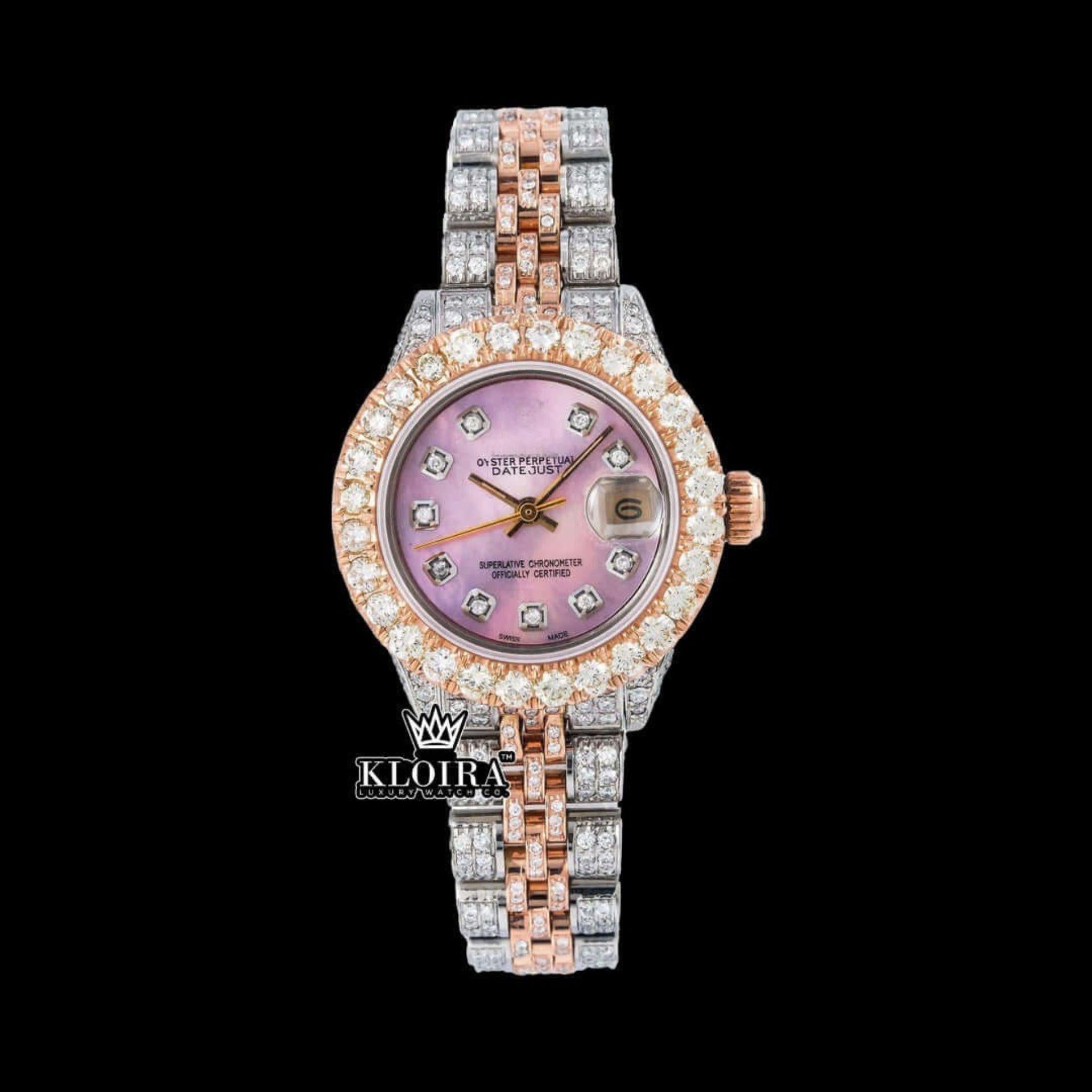 Two Tone Iced Out Pink Mother of Pearl Moissanite Watch 14K Gold 42mm Front View