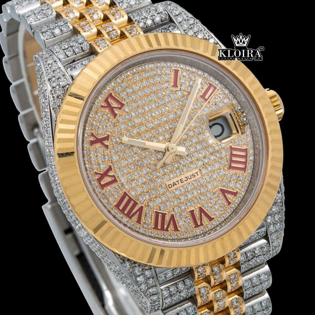 Two Tone Iced Out Rolex Inspired Red Roman Numeral Moissanite Watch Front View