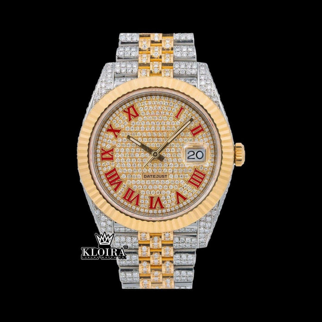 Two Tone Iced Out Rolex Inspired Red Roman Numeral Moissanite Watch Front View