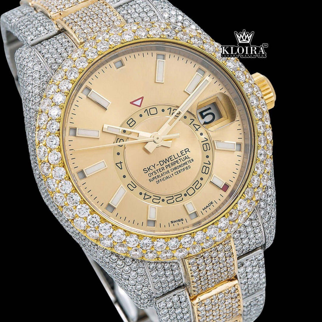 Two Tone Iced Out Sub Chronograph Gold Date Window Dial Moissanite Watch Front View