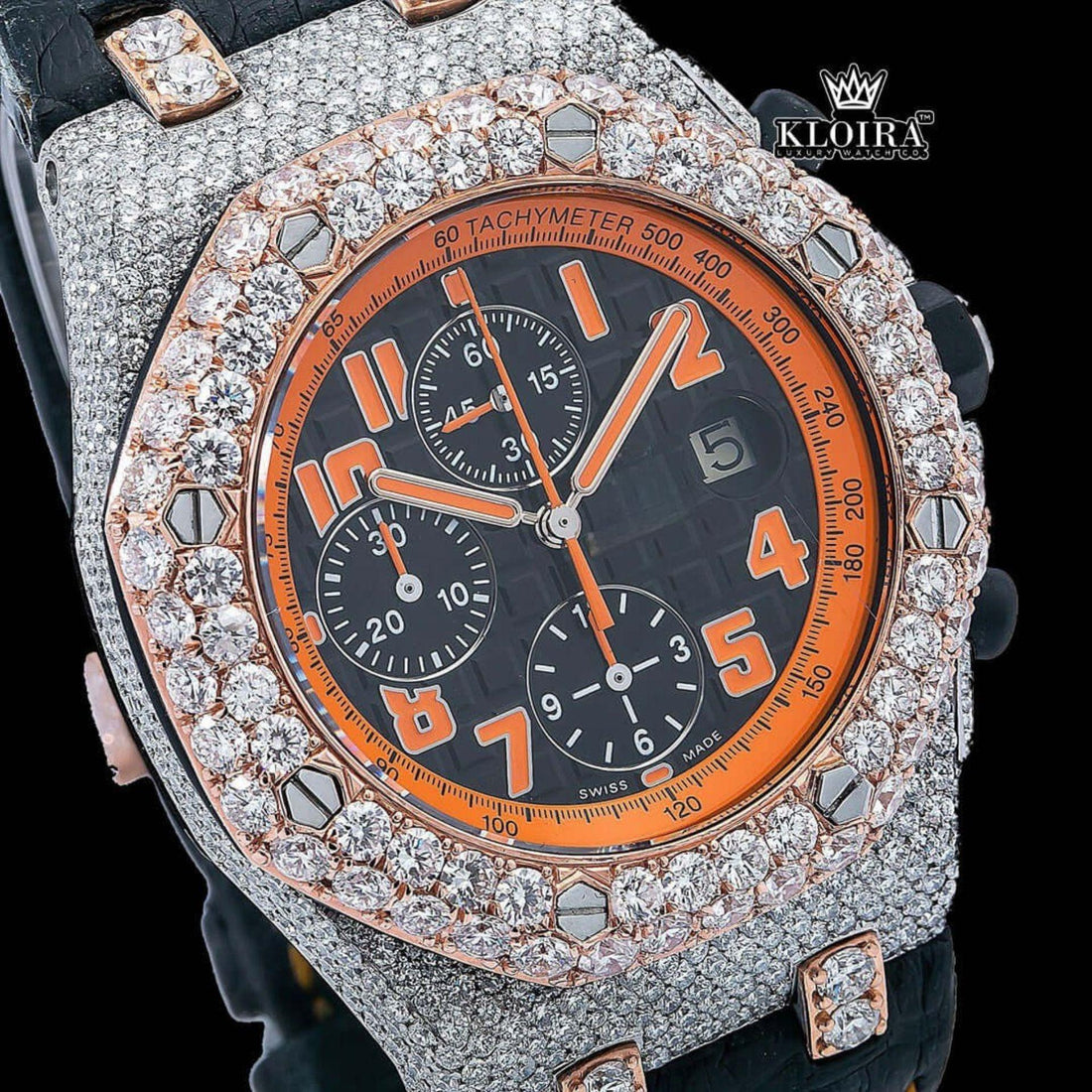 Two Tone Orange Dial Leather Strap Moissanite Diamond Watch Front View