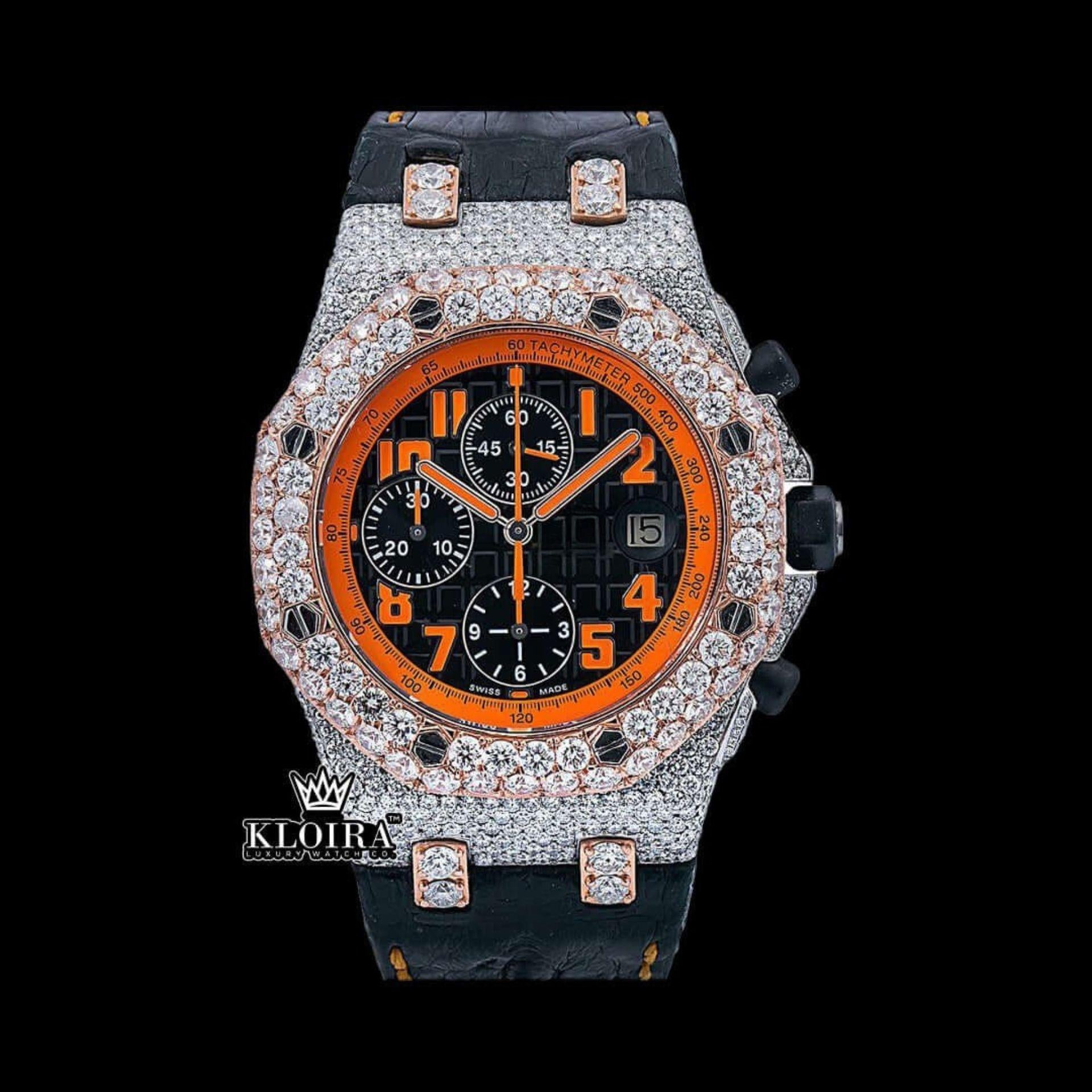 Two Tone Orange Dial Leather Strap Moissanite Diamond Watch Front View