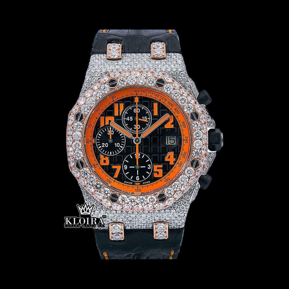 Two Tone Orange Dial Leather Strap Moissanite Diamond Watch Front View
