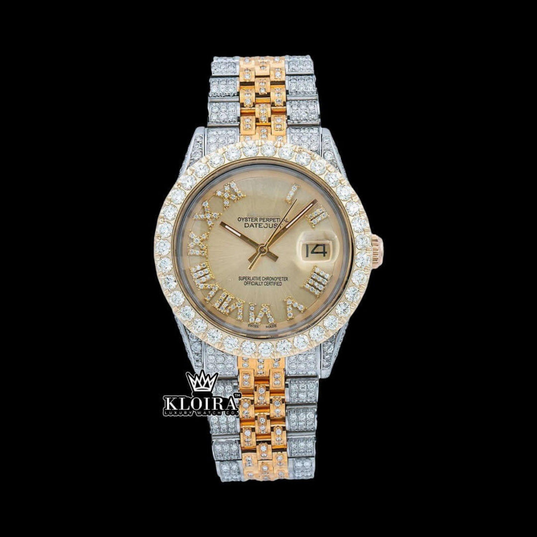 Two Tone Oyster Perpetual Inspired Roman Dial Moissanite Watch 42mm Front View