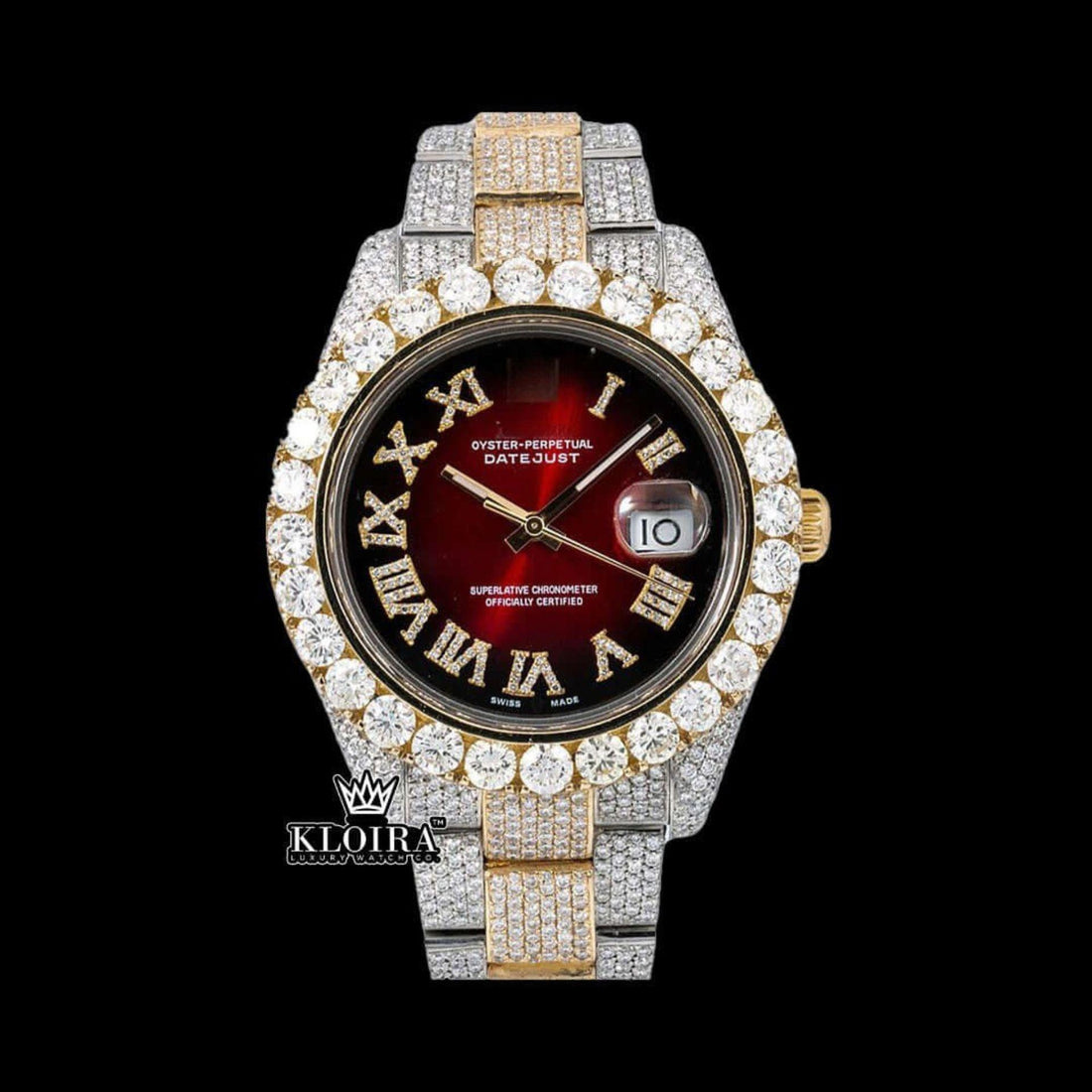 Two Tone Red Dial Roman Numerals Fully Iced Out Moissanite Diamond Watch Front View