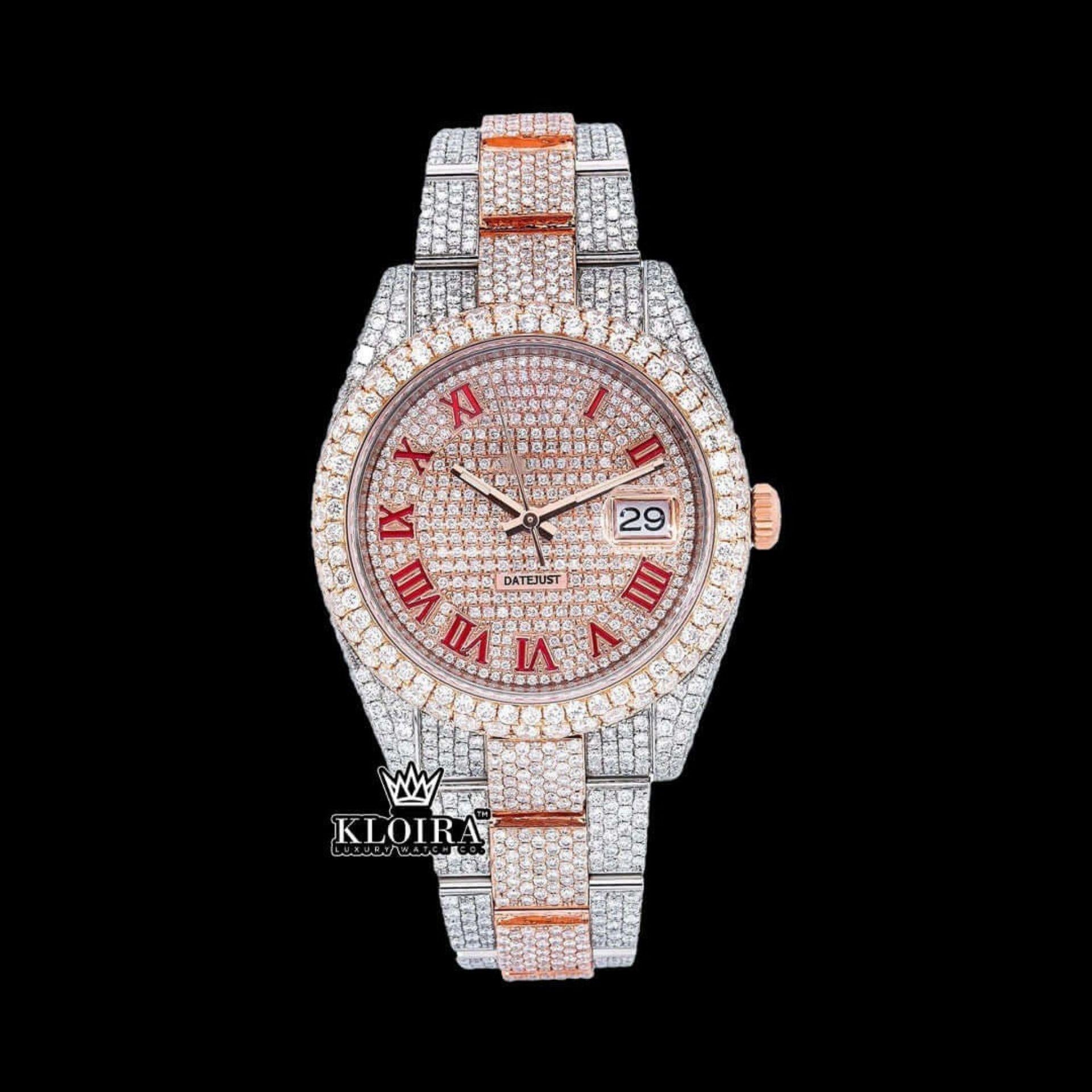 Two Tone Red Roman Numerals Dial Three Link Diamond Strap Moissanite Watch Front View