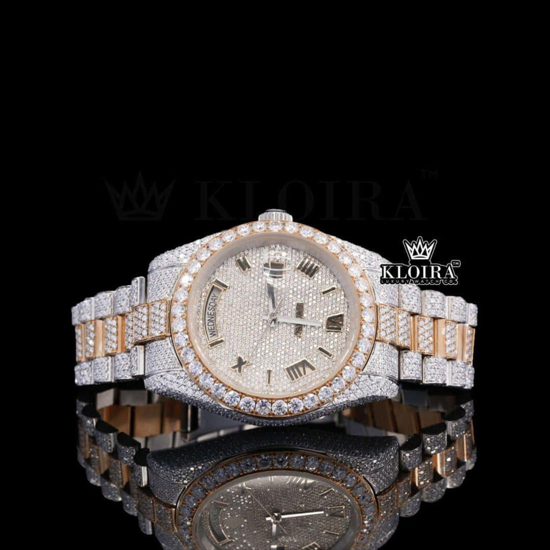 Two Tone Roman Dial Diamond Bezel Fully Iced Out Moissanite Watch Front View