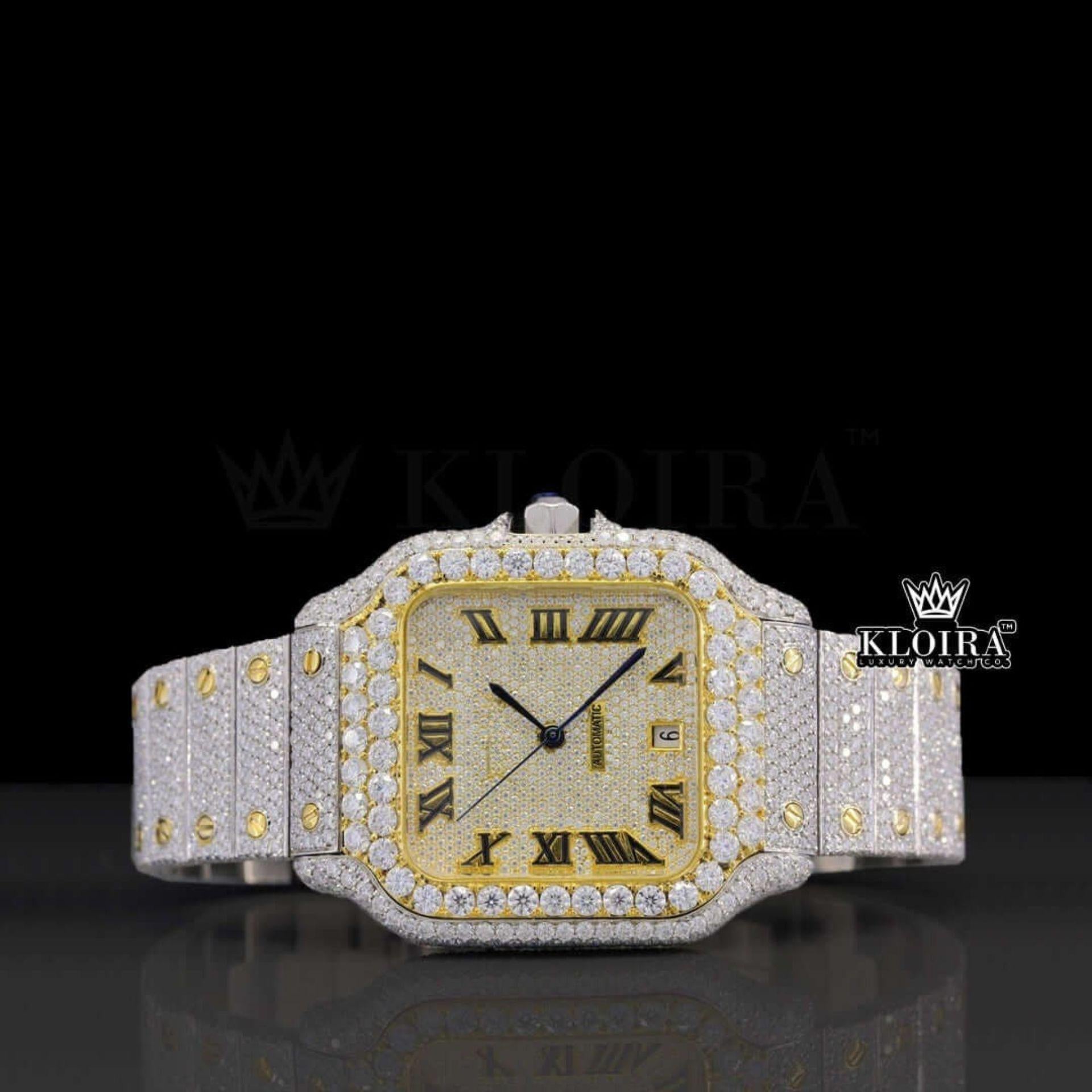 Two Tone Roman Numerals Yellow Dial Moissanite Diamond Watch Front View