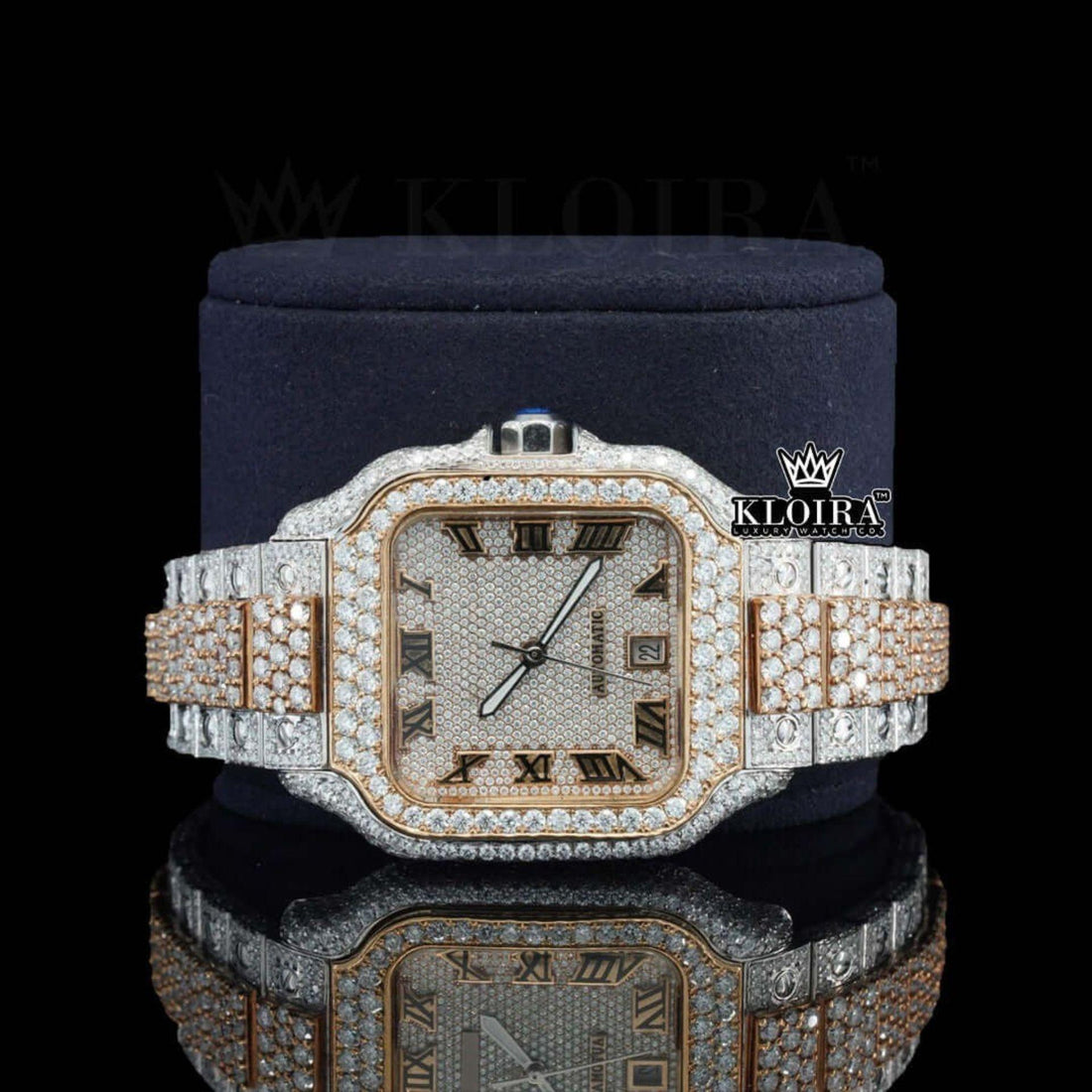 Two Tone Roman Numerals Yellow White Dial Moissanite Diamond Watch Front View