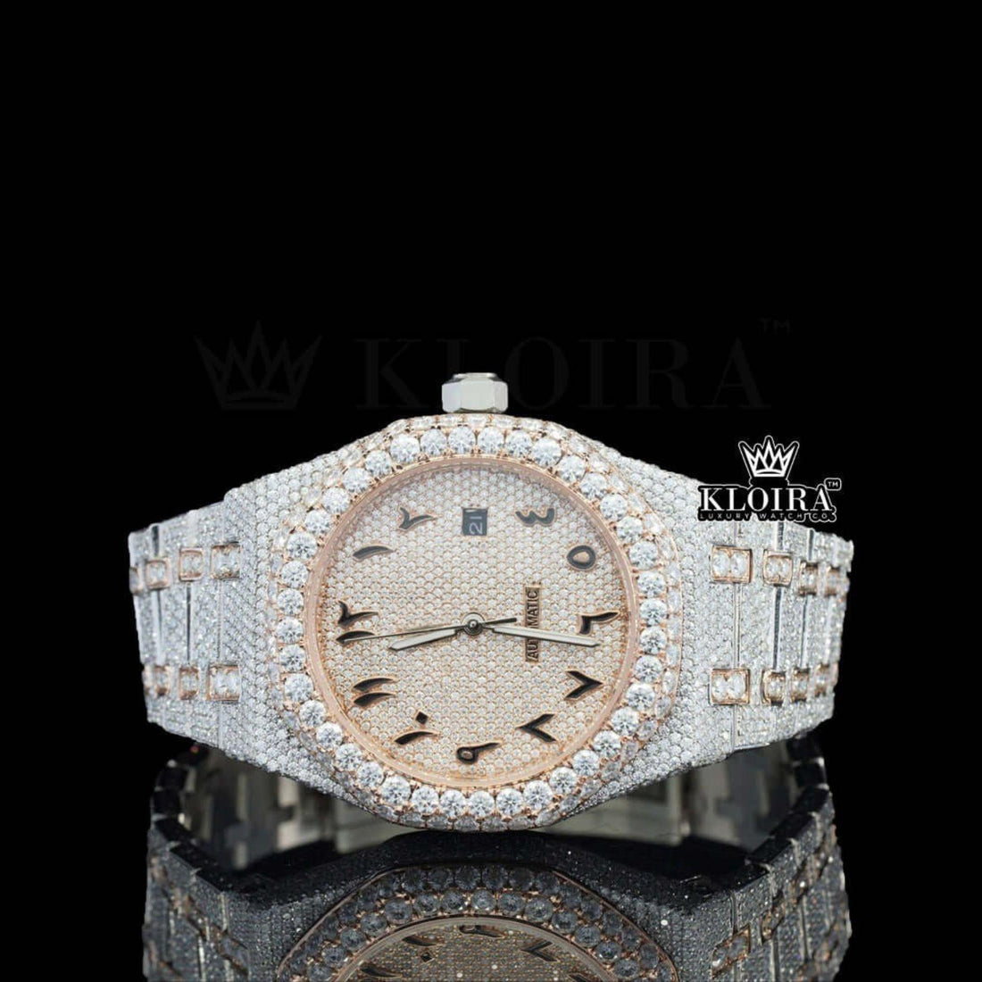 Two Tone Rose Gold Arabic Dial Iced Out Moissanite Diamond Watch Front View