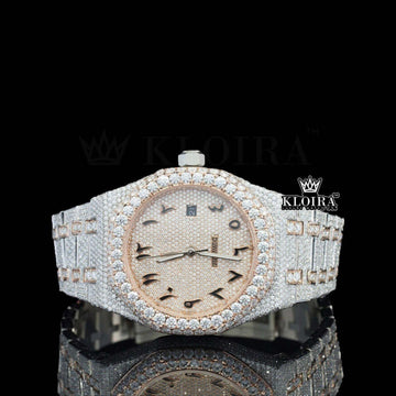 Two Tone Rose Gold Arabic Dial Iced Out Moissanite Diamond Watch Front View