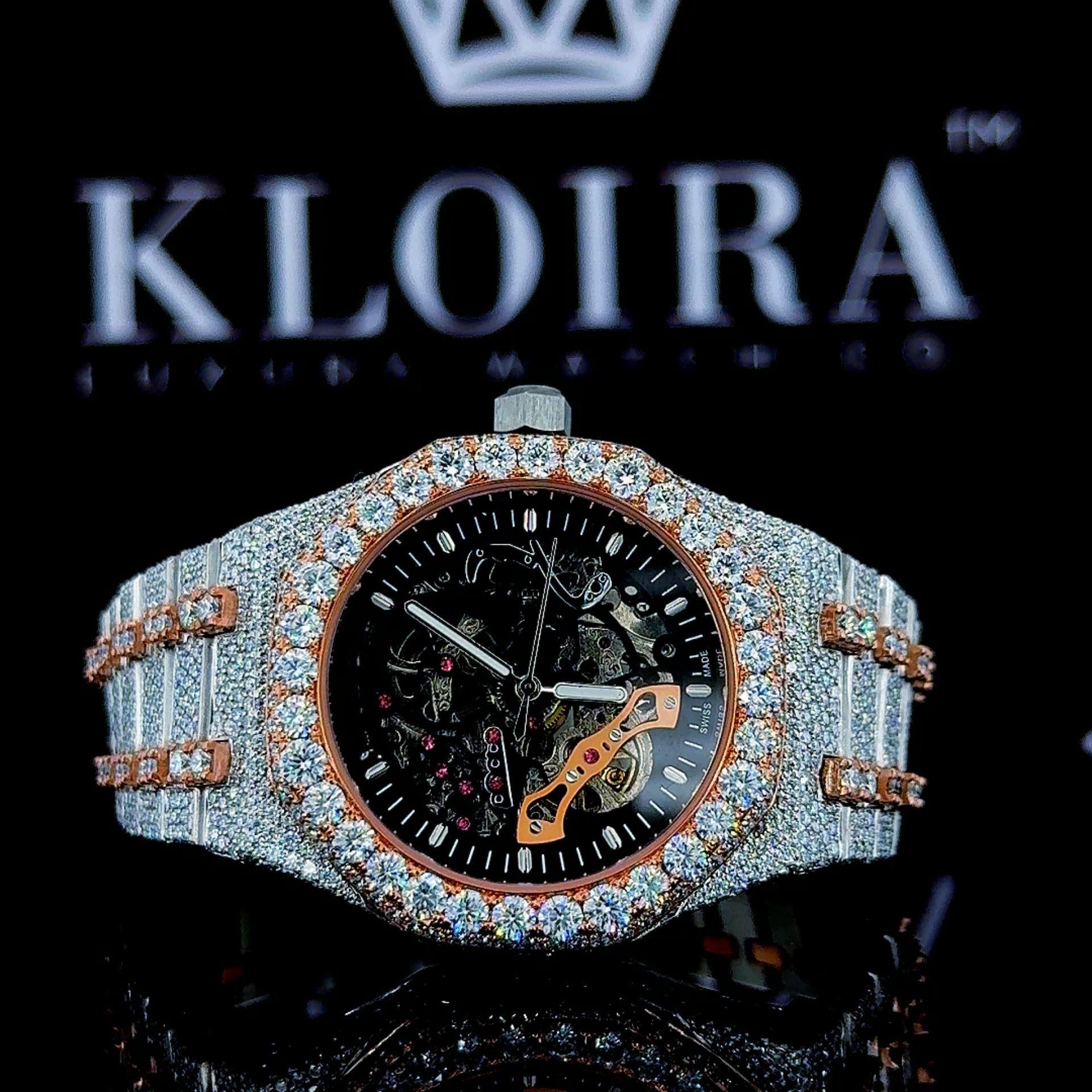 Two Tone Rose Gold Black Skeleton Dial Fully Iced Moissanite Watch Front View