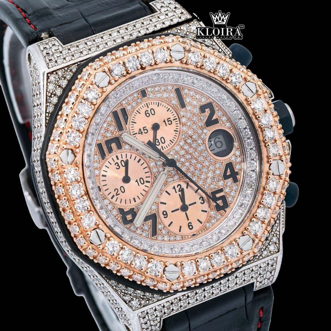 Two Tone Rose Gold Chronograph Dial Black Leather Strap Moissanite Watch Front View