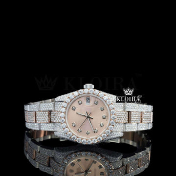 Two Tone Rose Gold Dial Diamond Bezel Fully Iced Out Moissanite Watch Front View
