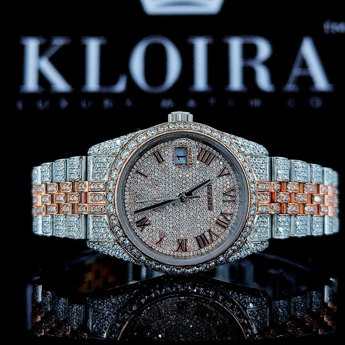 Two Tone Rose Gold Dial Fully Iced Out Roman Numerals Moissanite Watch Front Close View