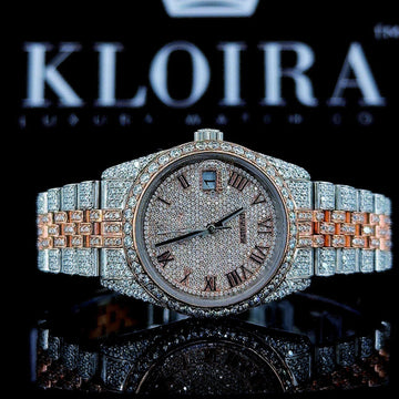 Two Tone Rose Gold Dial Fully Iced Out Roman Numerals Moissanite Watch Front Close View