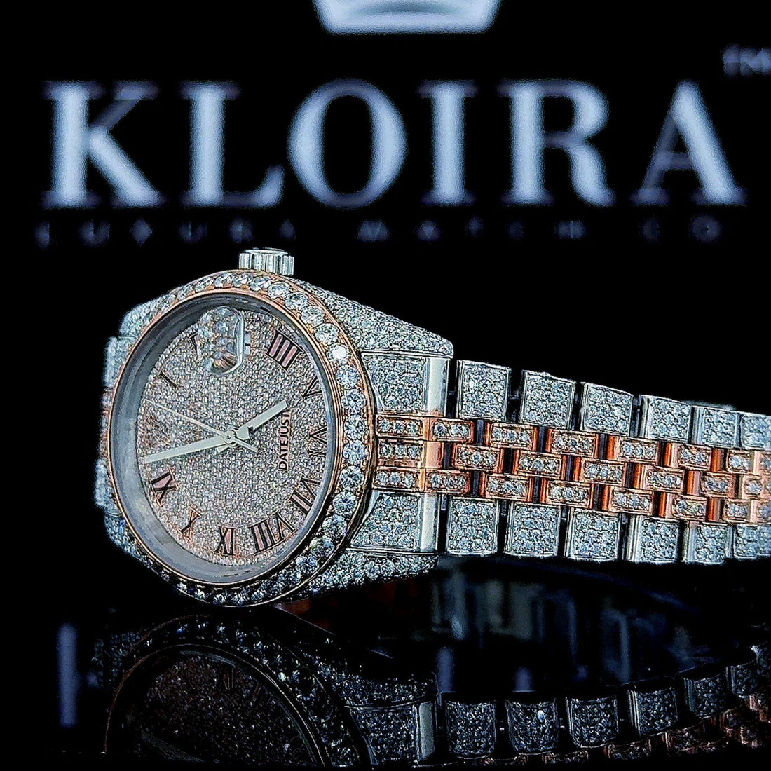 Two Tone Rose Gold Dial Fully Iced Out Roman Numerals Moissanite Watch Front Close View