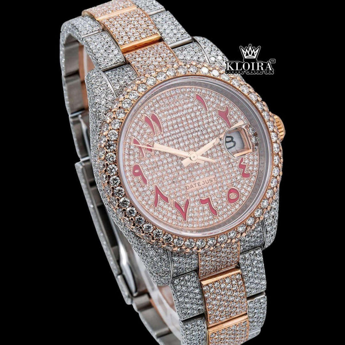 Two Tone Rose Gold Dial Red Arabic Numerals Full Moissanite Diamond Watch Front View