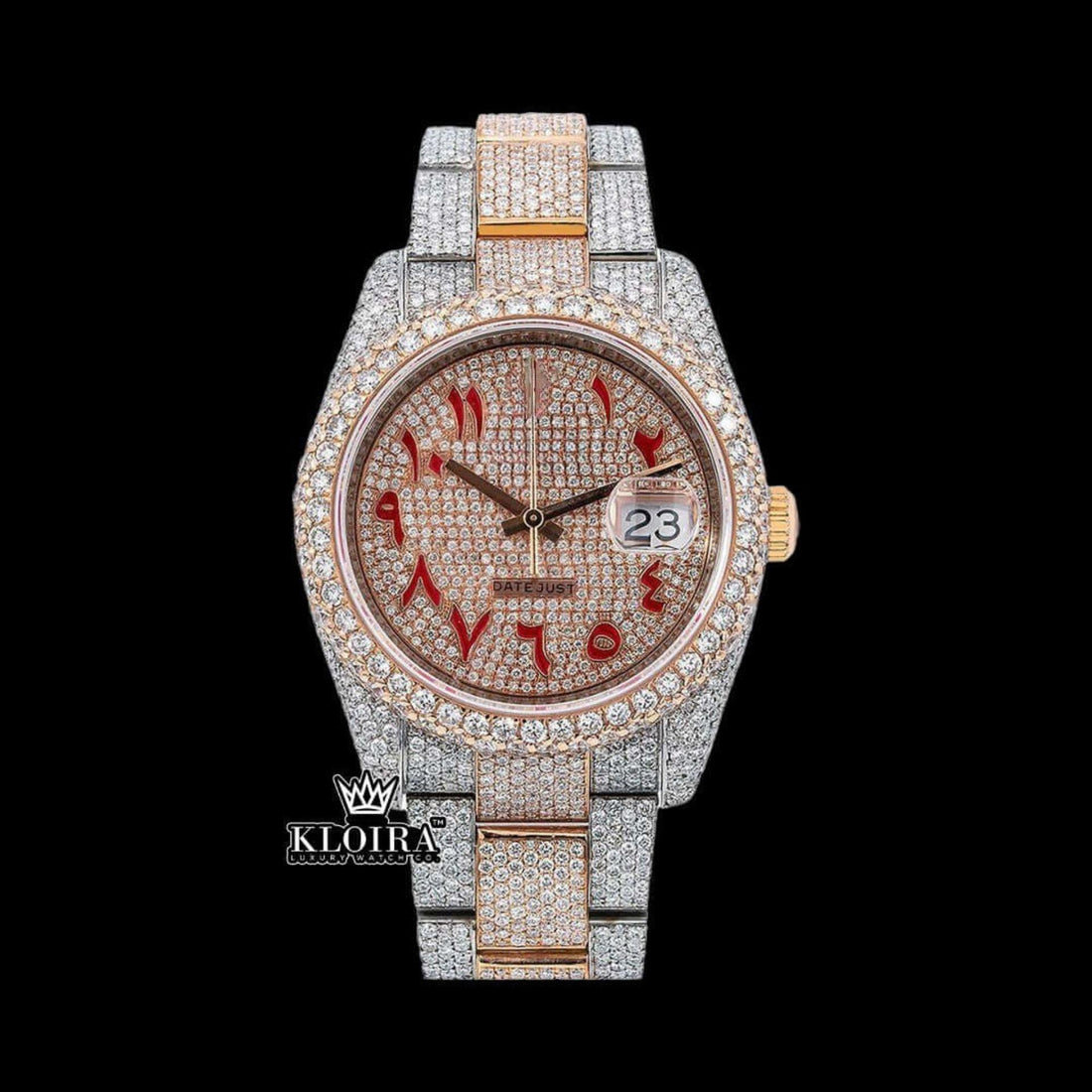 Two Tone Rose Gold Dial Red Arabic Numerals Full Moissanite Diamond Watch Front View