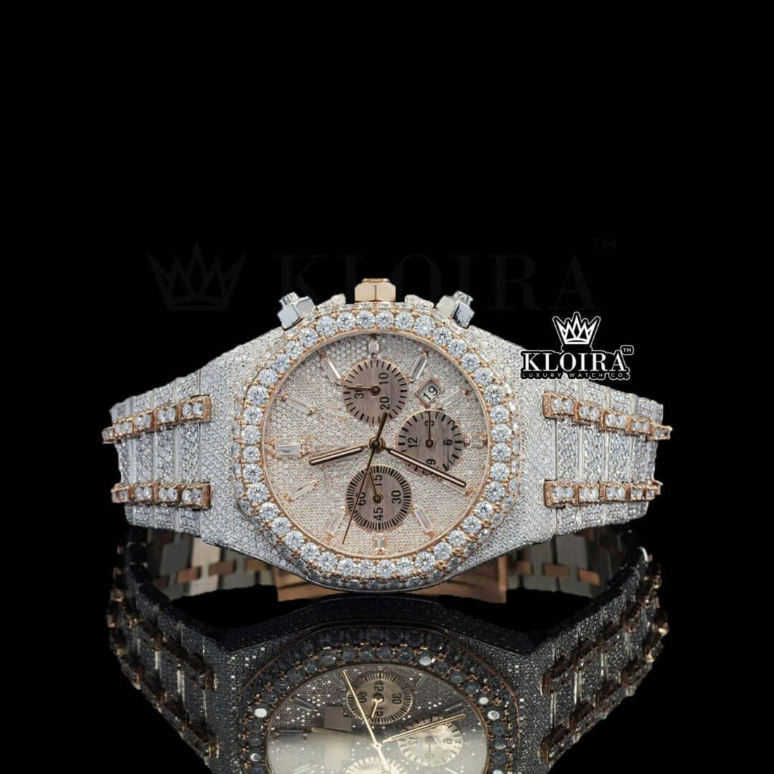 Two Tone Rose Gold Iced Out Moissanite Diamond Watch 14K Gold VVS 42mm Front View