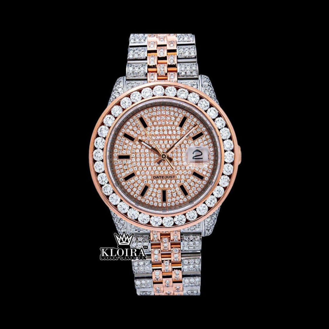 Two Tone Rose Gold Moissanite Diamond Studded Watch 14K Gold VVS 19 Ct 42mm Front View