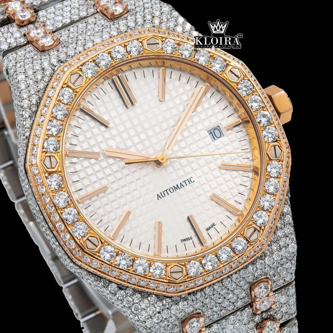 Two Tone Rose Gold Moissanite Diamond Watch Fully Iced Out Front View