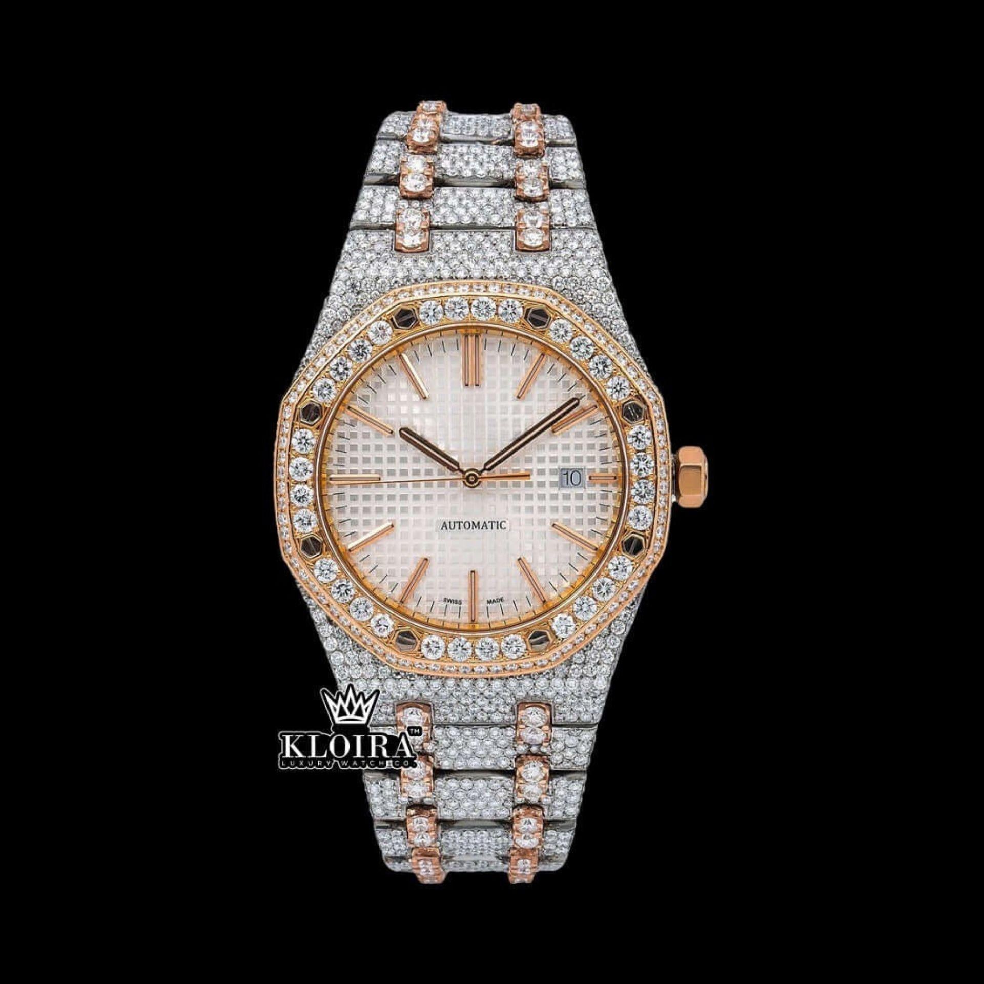 Two Tone Rose Gold Moissanite Diamond Watch Fully Iced Out Front View