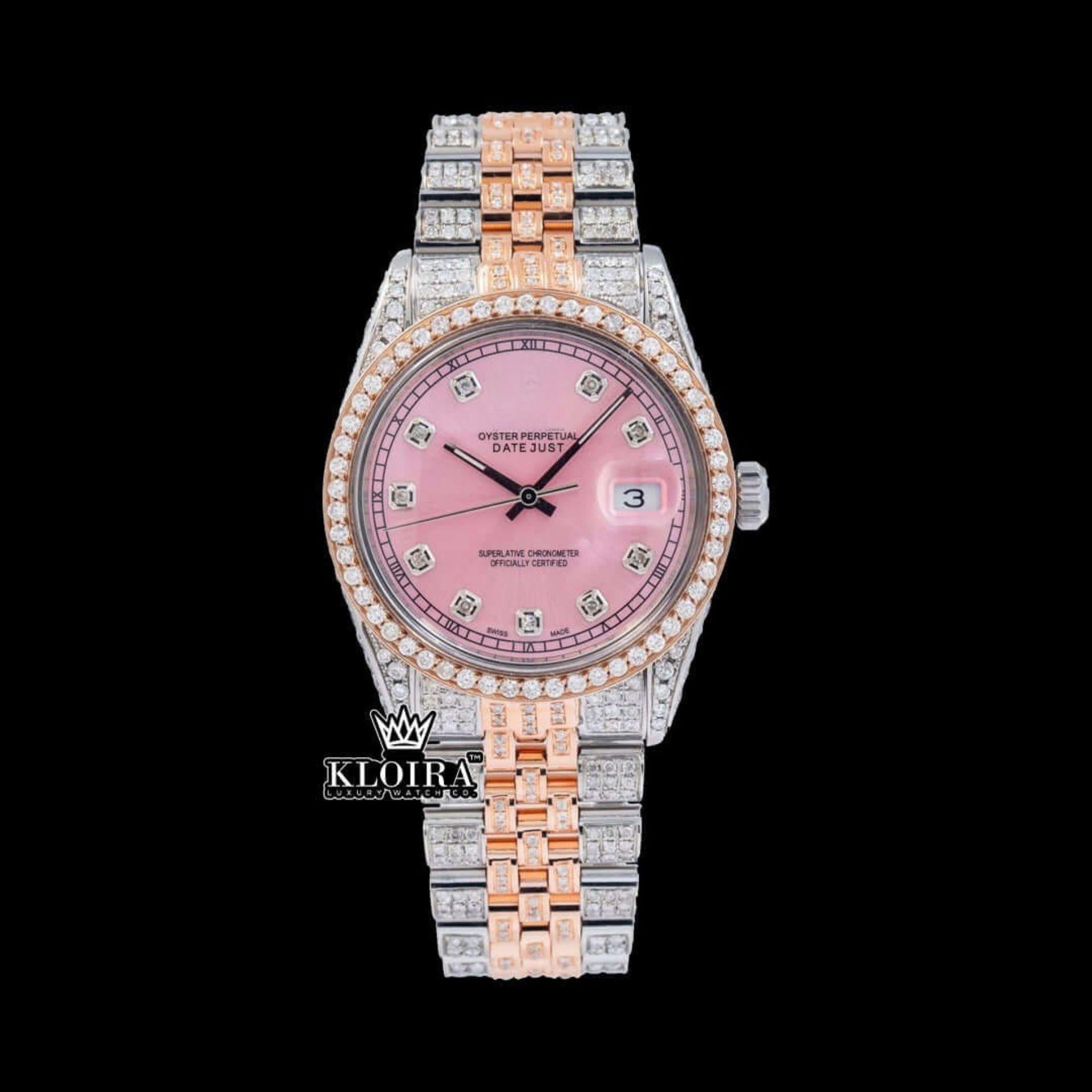 Two Tone Rose Gold Pink Dial Diamond Markers Moissanite Diamond Watch Front View