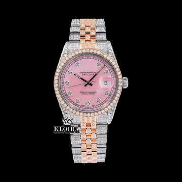 Two Tone Rose Gold Pink Dial Diamond Markers Moissanite Diamond Watch Front View