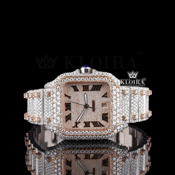 Two Tone Rose Gold Roman Dial Iced Out Moissanite Diamond Watch Front View
