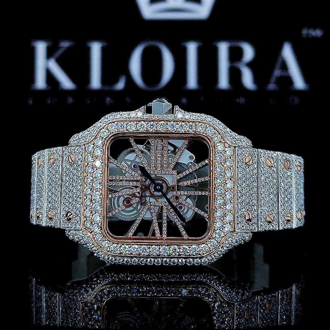 Two Tone Rose Gold Skeleton Dial Fully Iced Out Moissanite Watch Front Face View