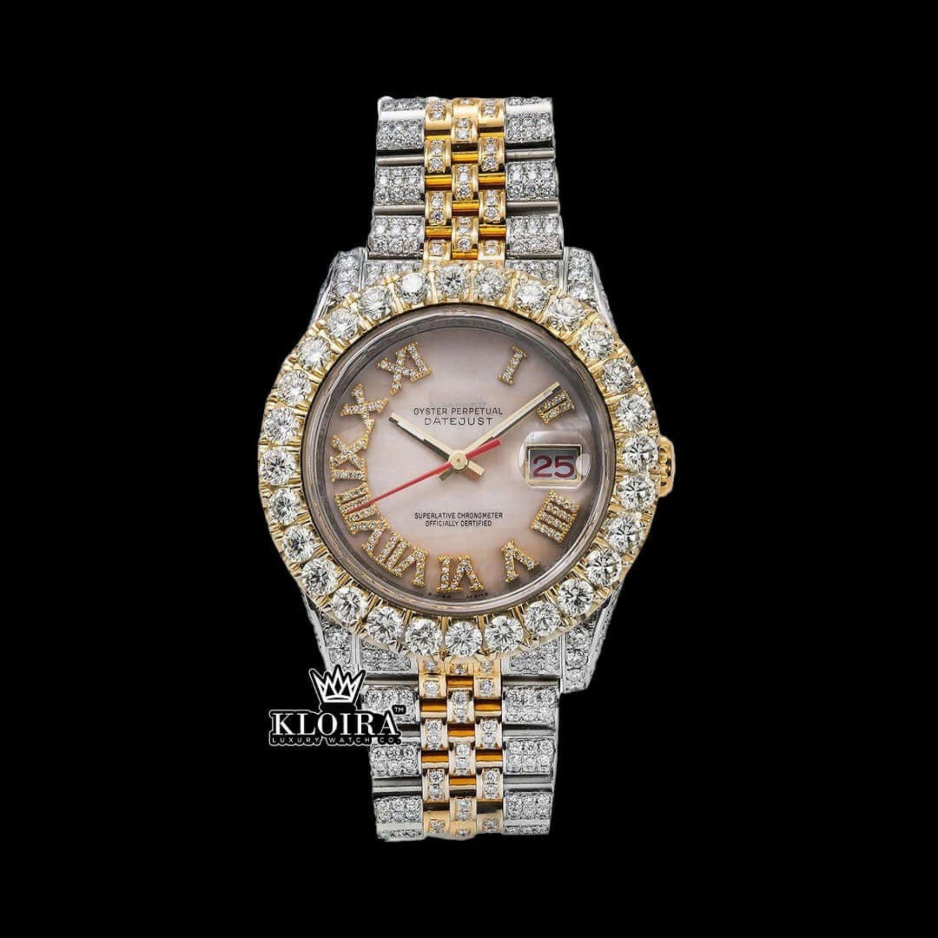 Two Tone Rose Gold Yellow Roman Numerals Moissanite Diamond Watch Front View