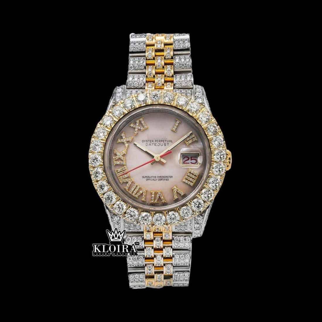 Two Tone Rose Gold Yellow Roman Numerals Moissanite Diamond Watch Front View