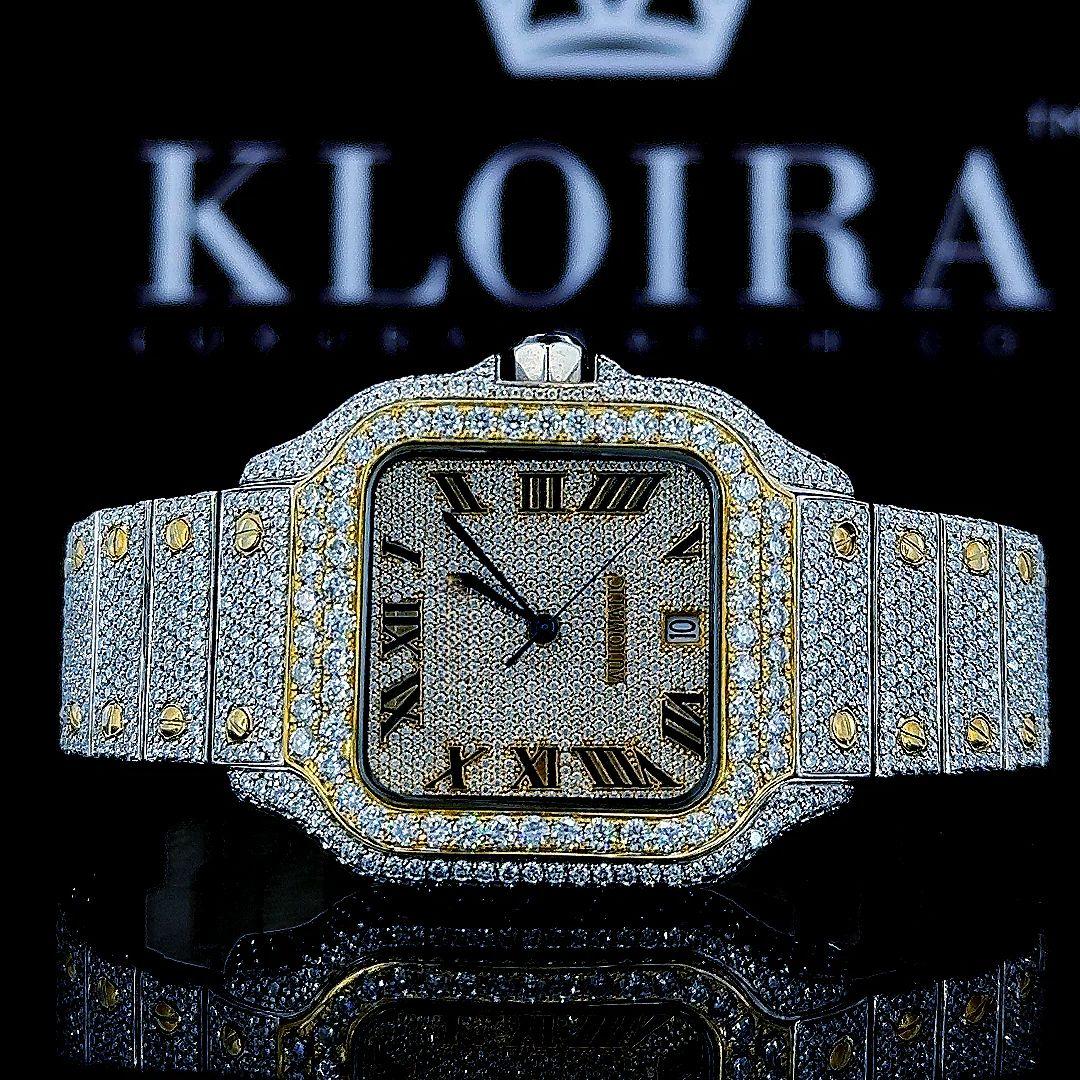 Two Tone Square Bezel Roman Numerals Fully Iced Out Moissanite Watch Front Close View