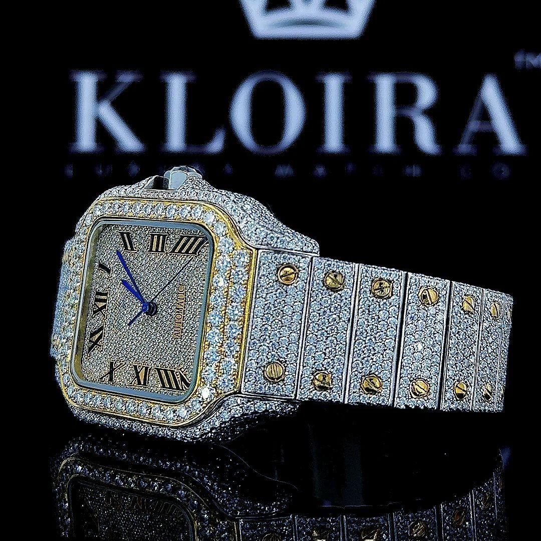 Two Tone Square Bezel Roman Numerals Fully Iced Out Moissanite Watch Front Close View