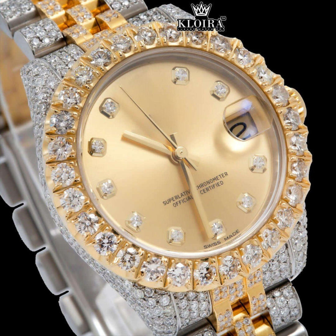 Two Tone Yellow Dial Diamond Bezel Iced Out Moissanite Watch Front View