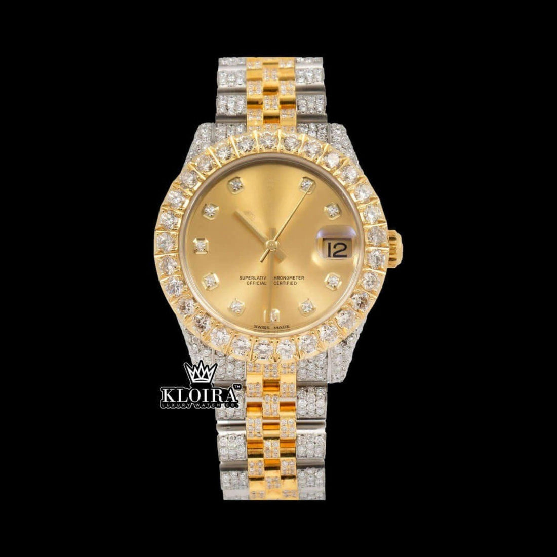 Two Tone Yellow Dial Diamond Bezel Iced Out Moissanite Watch Front View