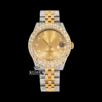 Two Tone Yellow Dial Diamond Bezel Iced Out Moissanite Watch Front View