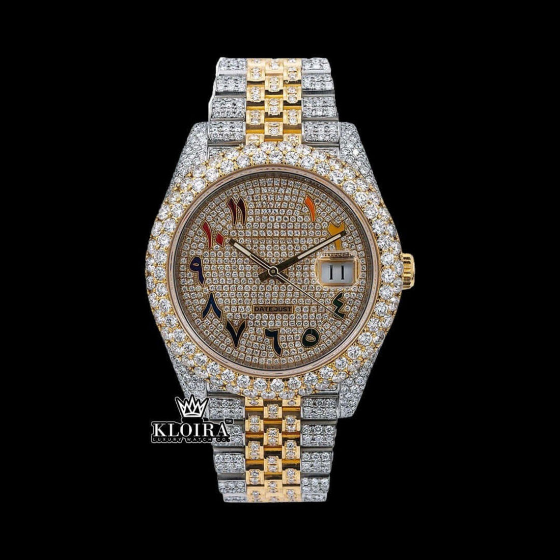 Two Tone Yellow Dial Rainbow Arabic Numerals Moissanite Diamond Watch Front View