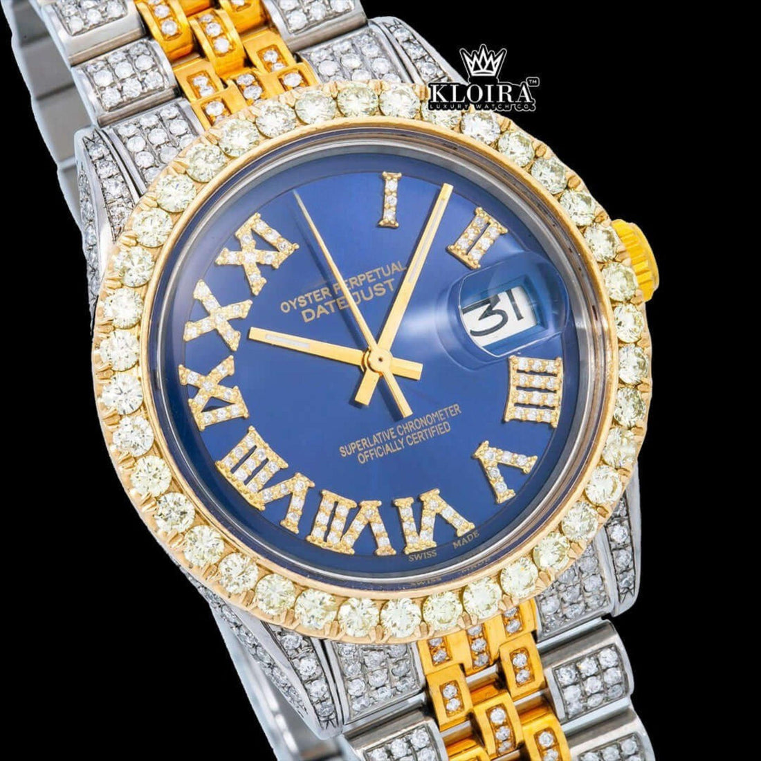 Two Tone Yellow Gold Blue Dial Yellow Roman Numerals Moissanite Watch Front View