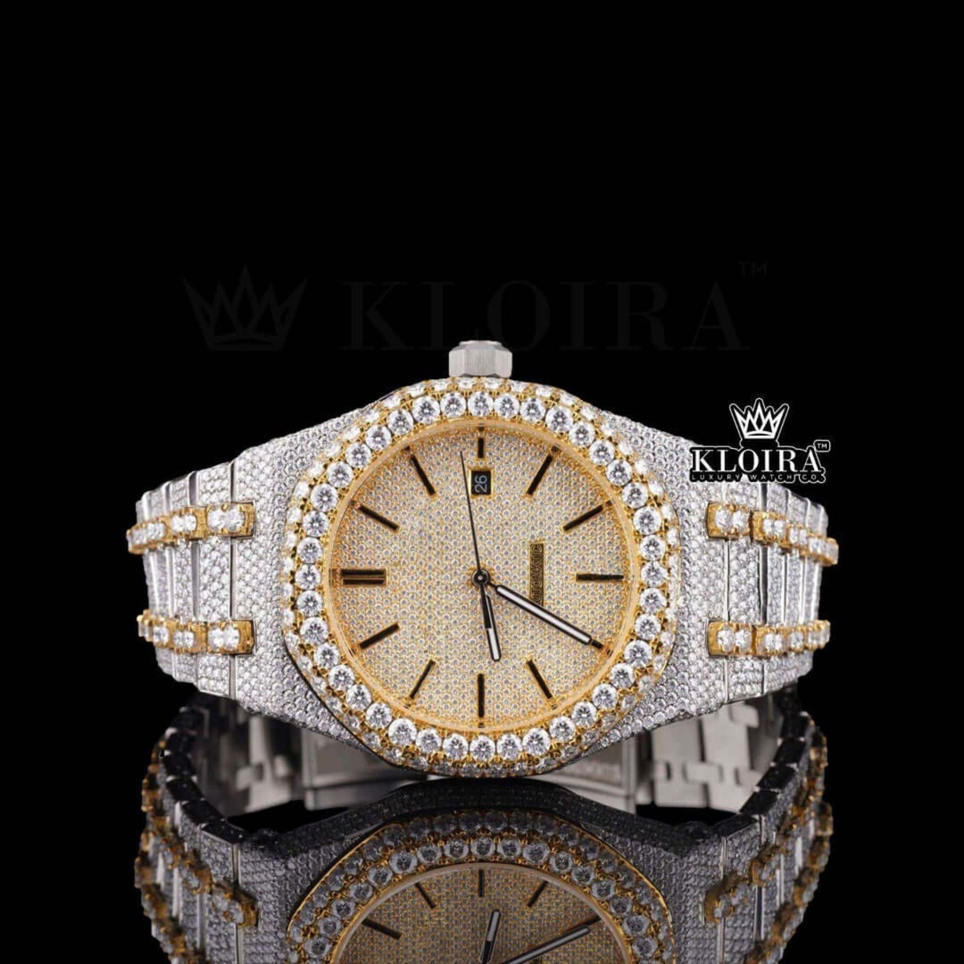 Two Tone Yellow Gold Dial Iced Out Moissanite Diamond Watch Front View