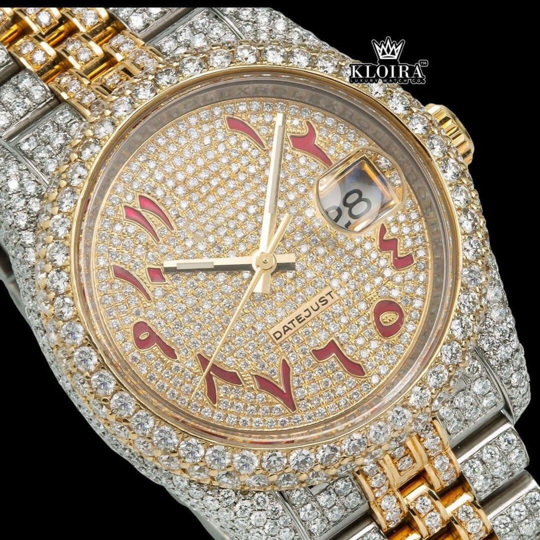 Two Tone Yellow Gold Dial Red Arabic Numerals Moissanite Diamond Watch Front View