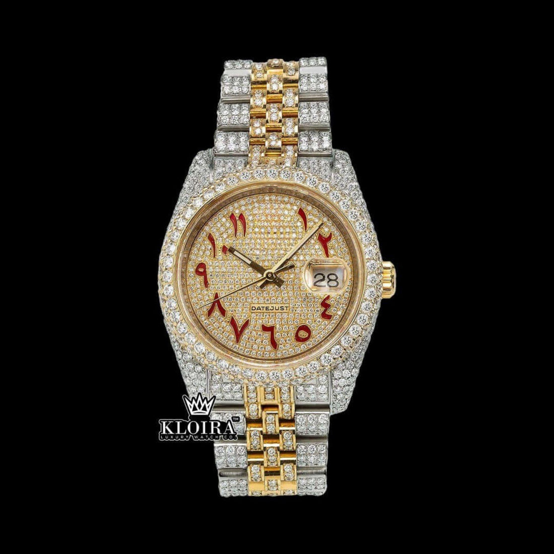 Two Tone Yellow Gold Dial Red Arabic Numerals Moissanite Diamond Watch Front View