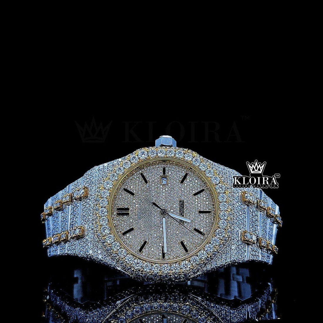 Two Tone Yellow Gold Royal Oak Inspired Iced Out Moissanite Diamond Watch Front View