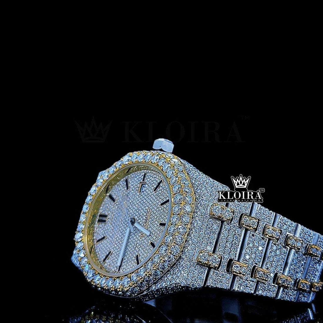 Two Tone Yellow Gold Royal Oak Inspired Iced Out Moissanite Diamond Watch Front View