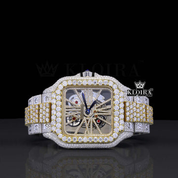 Two Tone Yellow Gold Skeleton Dial Moissanite Diamonds Watch Front View