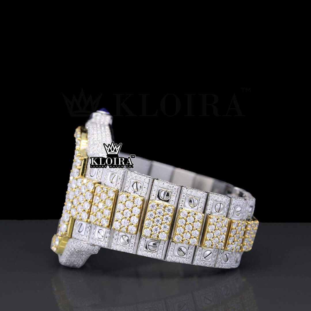 Two Tone Yellow Gold Skeleton Dial Moissanite Diamonds Watch Front View