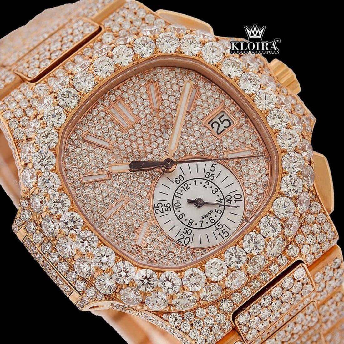 Two Yone Rose Gold Dial Chronograph Stick Markers Moissanite Diamond Watch Front View